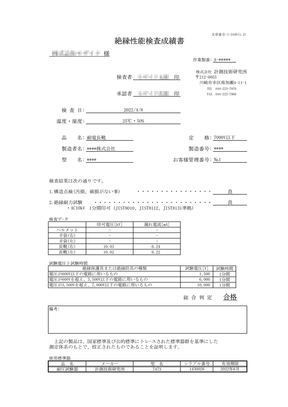 絶縁性能検査成績書